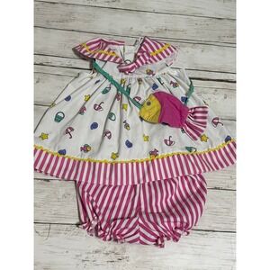 Vintage 90s 2 piece Girls Dress Short Outfit Built In Purse Fish Colorful 18 Mo